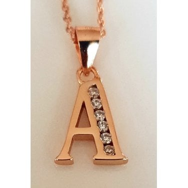 Sterling Silver Rose Gold Initial A Pendant 12mm x 8mm with Diamond Cut 18" Chain