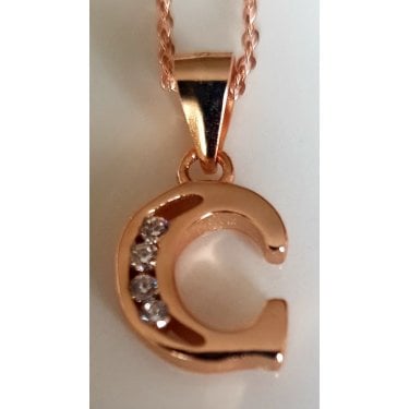 Sterling Silver Rose Gold Initial C Pendant 10mm x 9mm with Diamond Cut 18" Chain
