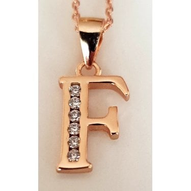 Sterling Silver Rose Gold Initial F Pendant 12mm x 8mm with Diamond Cut 18" Chain