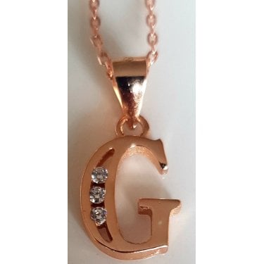 Sterling Silver Rose Gold Initial G Pendant 12mm x 8mm with Diamond Cut 18" Chain