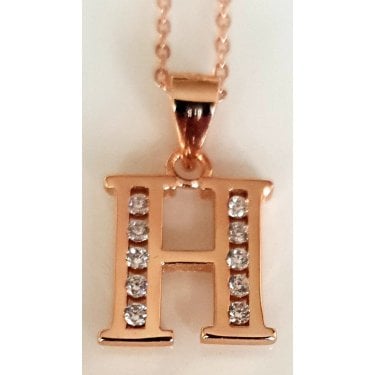 Sterling Silver Rose Gold Initial H Pendant 11mm x 11mm with Diamond Cut 18" Chain