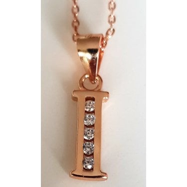 Sterling Silver Rose Gold Initial I Pendant 11mm x 5mm with Diamond Cut 18" Chain