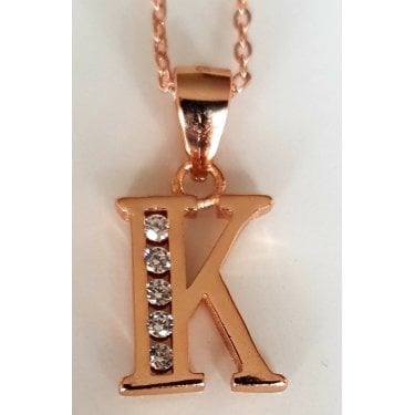 Sterling Silver Rose Gold Initial K Pendant 11mm x 9mm with Diamond Cut 18" Chain