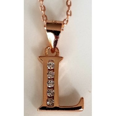 Sterling Silver Rose Gold Initial L Pendant 11mm x 9mm with Diamond Cut 18" Chain