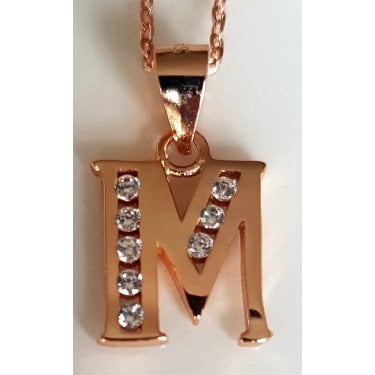 Sterling Silver Rose Gold Initial M Pendant 11mm x 9mm with Diamond Cut 18" Chain