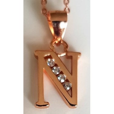 Sterling Silver Rose Gold Initial N Pendant 11mm x 8mm with Diamond Cut 18" Chain