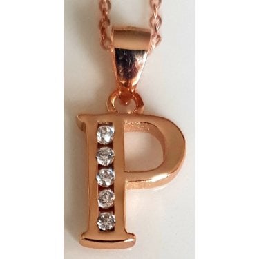 Sterling Silver Rose Gold Initial P Pendant 11mm x 9mm with Diamond Cut 18" Chain