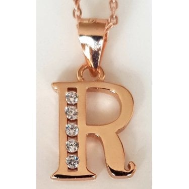 Sterling Silver Rose Gold Initial R Pendant 11mm x 9mm with Diamond Cut 18" Chain