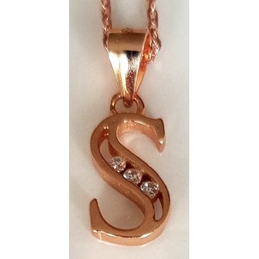 Sterling Silver Rose Gold Initial S Pendant 11mm x 6mm with Diamond Cut 18" Chain