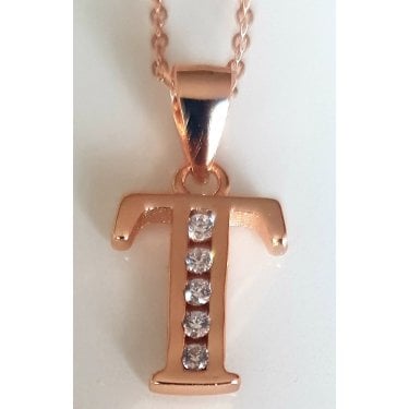 Sterling Silver Rose Gold Initial T Pendant 11mm x 10mm with Diamond Cut 18" Chain