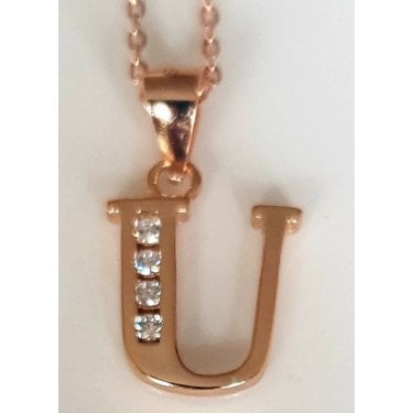 Sterling Silver Rose Gold Initial U Pendant 11mm x 11mm with Diamond Cut 18" Chain
