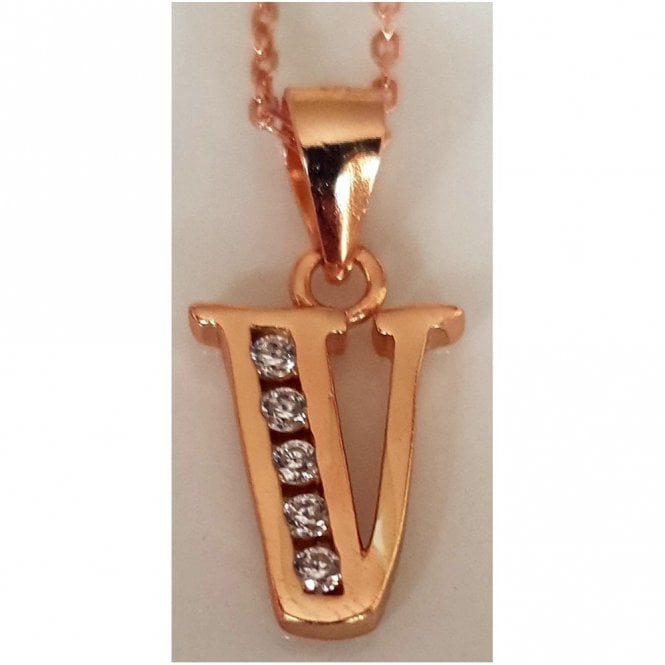 Faith Rose Gold Sterling Silver Sterling Silver Rose Gold Initial V Pendant 11mm x 10mm with Diamond Cut 18