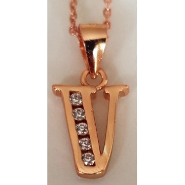 Sterling Silver Rose Gold Initial V Pendant 11mm x 10mm with Diamond Cut 18" Chain