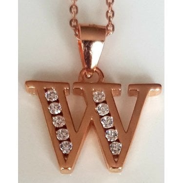 Sterling Silver Rose Gold Initial W Pendant 16mm x 11mm with Diamond Cut 18" Chain
