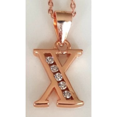 Sterling Silver Rose Gold Initial X Pendant 11mm x 9mm with Diamond Cut 18" Chain