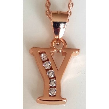 Sterling Silver Rose Gold Initial Y Pendant 11mm x 10mm with Diamond Cut 18" Chain