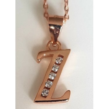 Sterling Silver Rose Gold Initial Z Pendant 11mm x 8mm with Diamond Cut 18" Chain