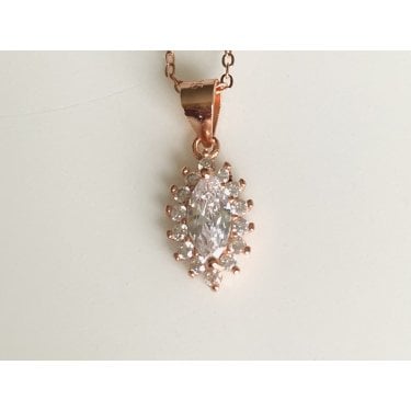 Sterling Silver Rose Gold Marquise Centre with Claw Set Halo Pendant 12 x 7mm on Diamond Cut Chain