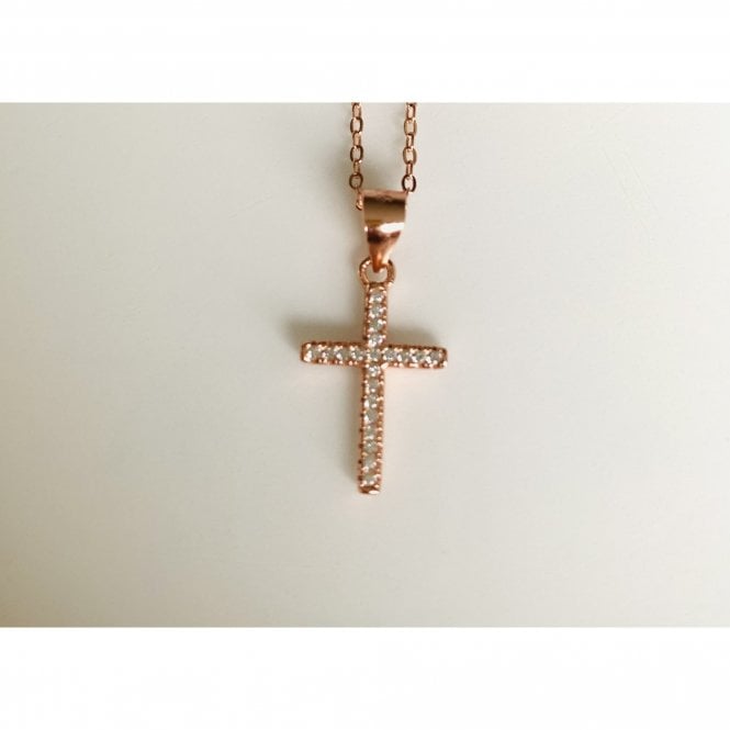 Faith Rose Gold Sterling Silver Sterling Silver Rose Gold Micron CZ Cross 15 x 10mm on Diamond Cut Chain