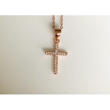 Sterling Silver Rose Gold Micron CZ Cross 15 x 10mm on Diamond Cut Chain