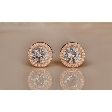 Sterling Silver Rose Gold Micron Round Rubover Centre with CZ Halo Stud 10mm Earrings