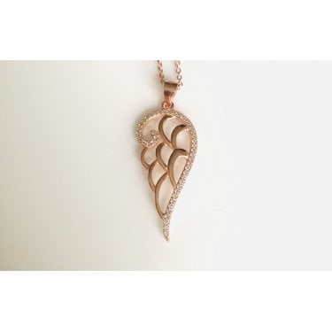 Sterling Silver Rose Gold Open Wing with CZ Edge Pendant 29mm x15mm on Diamond Cut Chain