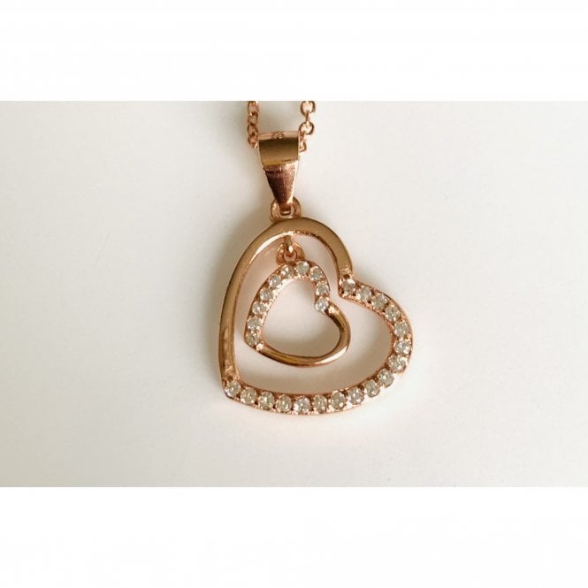 Faith Rose Gold Sterling Silver Sterling Silver Rose Gold Part CZ Small Heart Entwined in Large Heart Pendant 14 x 14mm on Diamond Cut Chain