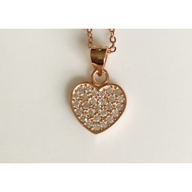 Sterling Silver Rose Gold Pave CZ Rubover Heart Pendant 10 x 11mm on Diamond Cut Chain