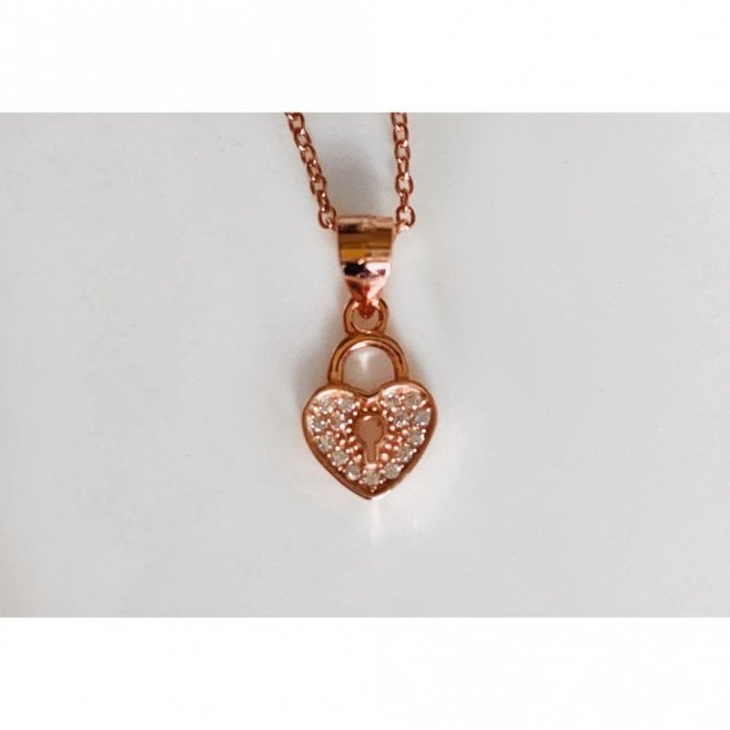 Faith Rose Gold Sterling Silver Sterling Silver Rose Gold Pave Padlock with Open Keyhole 9 x 7mm Pendant on Diamond Cut Chain