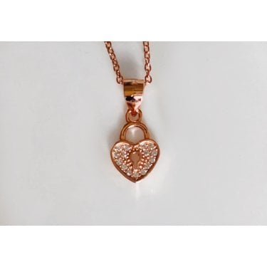 Sterling Silver Rose Gold Pave Padlock with Open Keyhole 9 x 7mm Pendant on Diamond Cut Chain