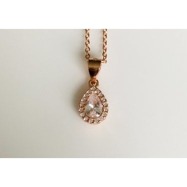 Sterling Silver Rose Gold Pear Centre with Claw Set CZ Halo Pendant 9 x 6mm on Diamond Cut Chain