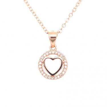 Sterling Silver Rose Gold Plain Heart inside Floating CZ Halo Necklace 11x10mm, 16-18"