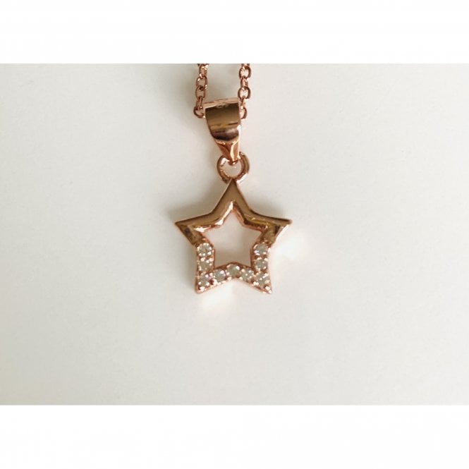 Faith Rose Gold Sterling Silver Sterling Silver Rose Gold Plain Top CZ Bottom Open Star Pendant 10 x 10mm on Diamond Cut Chain