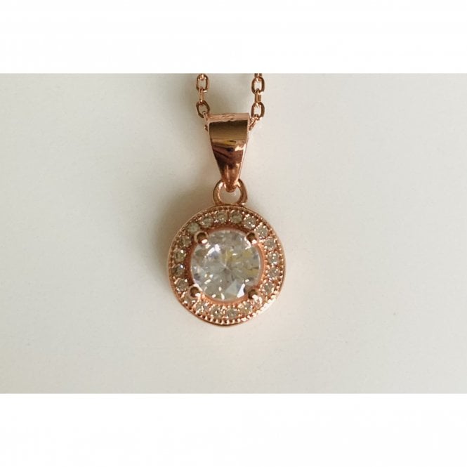 Faith Rose Gold Sterling Silver Sterling Silver Rose Gold Round CZ with Floating Halo Pendant 9 x 9mm on Diamond Cut Chain