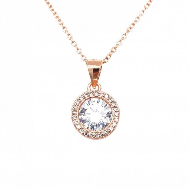 Faith Rose Gold Sterling Silver Sterling Silver Rose Gold Round Rubover Centre with CZ Halo Necklace 10x10mm, 16-18