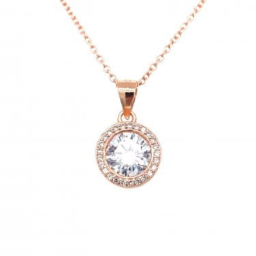 Sterling Silver Rose Gold Round Rubover Centre with CZ Halo Necklace 10x10mm, 16-18"