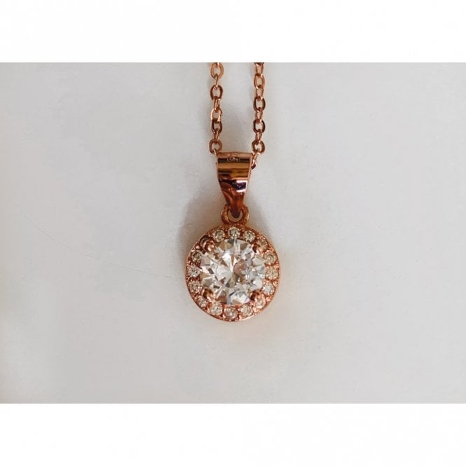 Faith Rose Gold Sterling Silver Sterling Silver Rose Gold Round Stone CZ Halo 8 x 8mm Pendant on Diamond Cut Chain