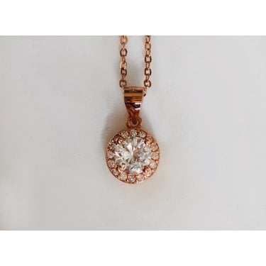 Sterling Silver Rose Gold Round Stone CZ Halo 8 x 8mm Pendant on Diamond Cut Chain