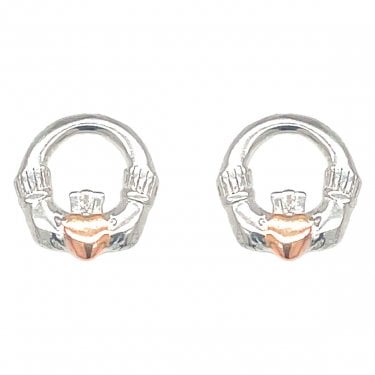 Sterling Silver Rose Gold & Silver Claddagh Earrings 9x9mm