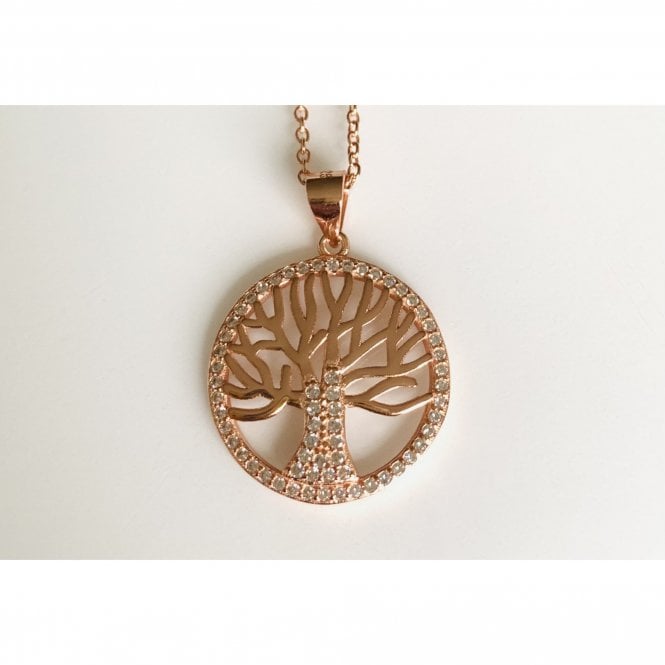 Faith Rose Gold Sterling Silver Sterling Silver Rose Gold Tree of Life with CZ Surround & Trunk Pendant 19 x 19mm on Diamond Cut Chain