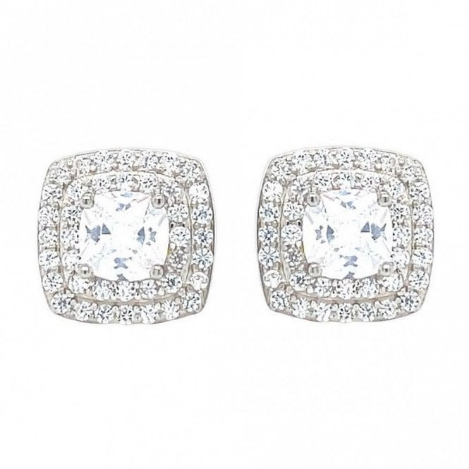 Faith Sterling Silver Sterling Silver Round Brilliant Cut Claw Set Centre with Double CZ Square Halo Stud Earrings 10x10mm