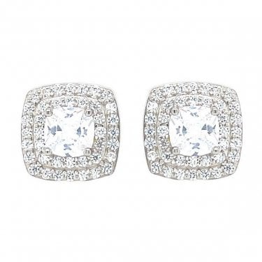 Sterling Silver Round Brilliant Cut Claw Set Centre with Double CZ Square Halo Stud Earrings 10x10mm
