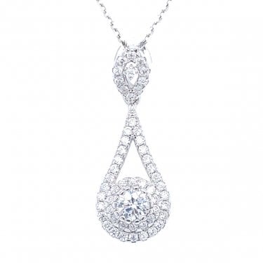 Sterling Silver Round Centre With Pear Halo Drop Necklace 27x10mm, 16-18"