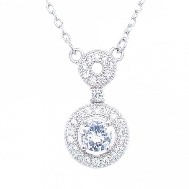 Faith Sterling Silver Sterling Silver Round Claw Set Centre with CZ Rubover Halo Drop Necklace 19x10mm, 16-18