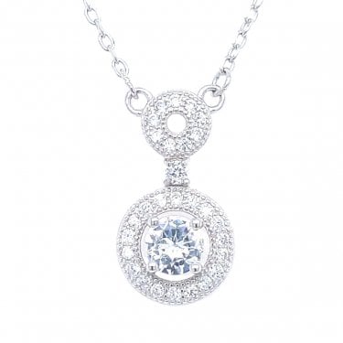 Sterling Silver Round Claw Set Centre with CZ Rubover Halo Drop Necklace 19x10mm, 16-18"