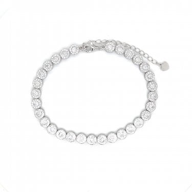 Sterling Silver Round CZ Centre with Beaded Edge Round Halo Link Bracelet 19+6cm