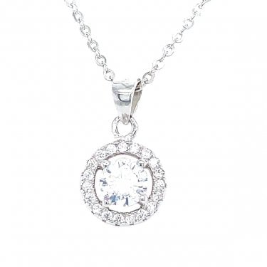 Sterling Silver Round CZ Centre with Floating Halo Necklace 9x9mm, 16-18"