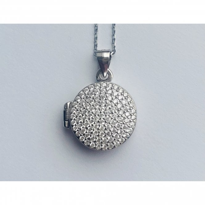 Faith Sterling Silver Sterling Silver Round CZ Encrusted 15 x 15mm Locket & 18