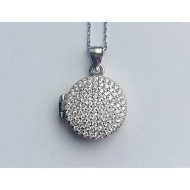 Sterling Silver Round CZ Encrusted 15 x 15mm Locket & 18" Chain