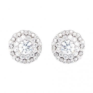 Sterling Silver Round CZ Layered Cluster Stud Earrings 10x10mm
